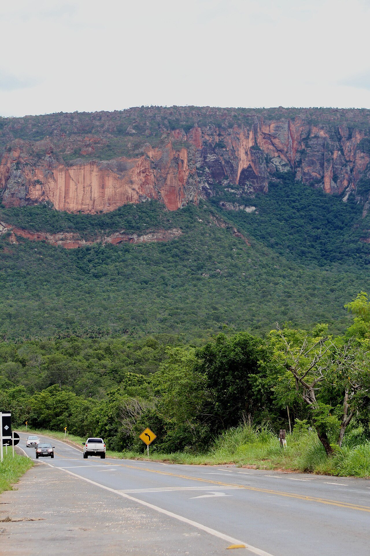Estrada cercada de vegetação na Chapada dos Guimarães